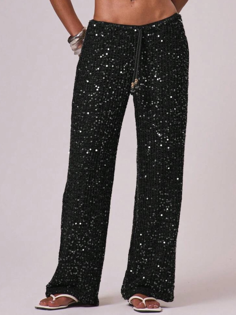 Black Musera Resort Women Cover Ups Sequin Wide Leg Crochet Trouser